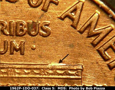 Die-stage B marker on 1962P•1DO•037 (1962 Doubled Die Obverse).