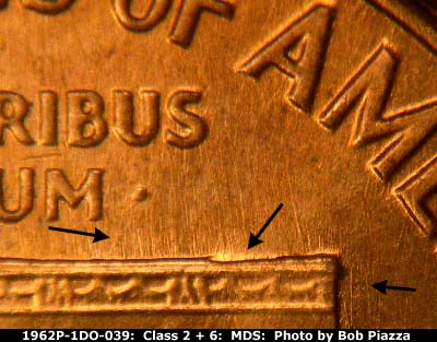 Die-stage B marker on 1962P•1DO•039 (1962 Doubled Die Obverse).