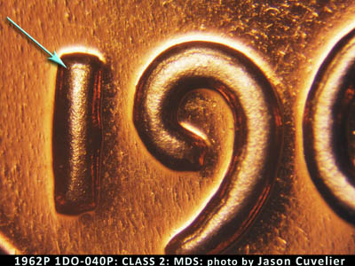 Die-stage B marker on 1962P•1DO•040P (1962 Doubled Die Obverse).