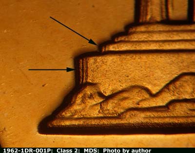 Die-stage B marker on 1962P•1DR•001P (1962 Doubled Die Reverse).