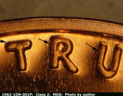 Die-stage B marker on 1962P•1DR•001P (1962 Doubled Die Reverse).