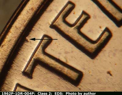 Die-stage A marker on 1962P•1DR•004P (1962 Doubled Die Reverse).