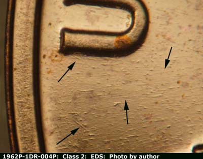 Die-stage A marker on 1962P•1DR•004P (1962 Doubled Die Reverse).