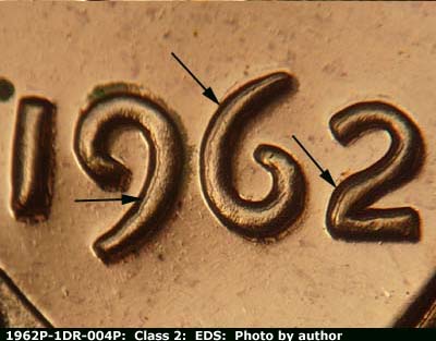 Die-stage A marker on 1962P•1DR•004P (1962 Doubled Die Reverse).
