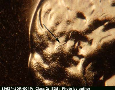 Die-stage A marker on 1962P•1DR•004P (1962 Doubled Die Reverse).