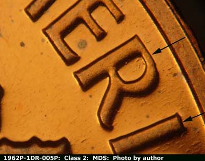 Die-stage B marker on 1962P•1DR•005P (1962 Doubled Die Reverse).
