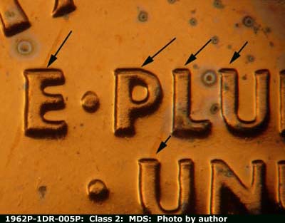 Die-stage B marker on 1962P•1DR•005P (1962 Doubled Die Reverse).