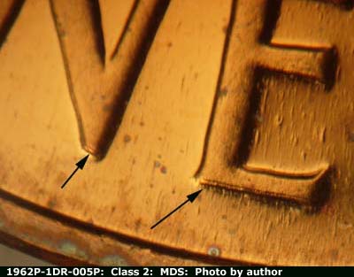 Die-stage B marker on 1962P•1DR•005P (1962 Doubled Die Reverse).