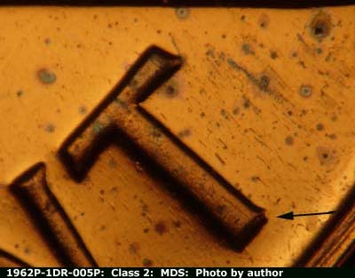 Die-stage B marker on 1962P•1DR•005P (1962 Doubled Die Reverse).