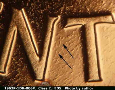 Die-stage A marker on 1962P•1DR•006P (1962 Doubled Die Reverse).