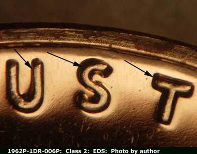 Die-stage A marker on 1962P•1DR•006P (1962 Doubled Die Reverse).