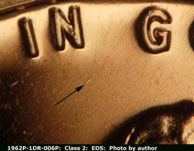 Die-stage A marker on 1962P•1DR•006P (1962 Doubled Die Reverse).