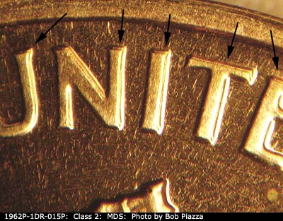 Die-stage B marker on 1962P•1DR•015P (1962 Doubled Die Reverse).