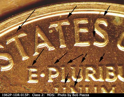 Die-stage B marker on 1962P•1DR•015P (1962 Doubled Die Reverse).