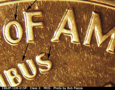 Die-stage B marker on 1962P•1DR•015P (1962 Doubled Die Reverse).