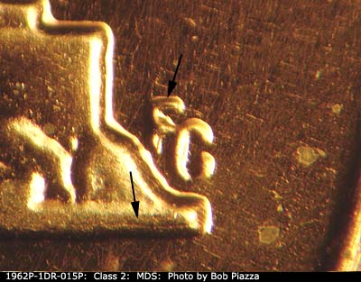 Die-stage B marker on 1962P•1DR•015P (1962 Doubled Die Reverse).