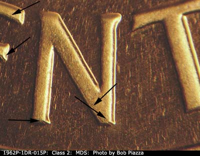 Die-stage B marker on 1962P•1DR•015P (1962 Doubled Die Reverse).