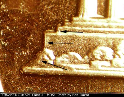 Die-stage B marker on 1962P•1DR•015P (1962 Doubled Die Reverse).
