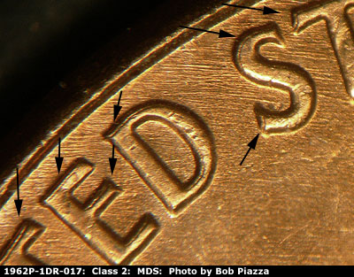 Die-stage B marker on 1962P•1DR•017 (1962 Doubled Die Reverse).