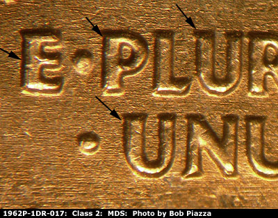 Die-stage B marker on 1962P•1DR•017 (1962 Doubled Die Reverse).