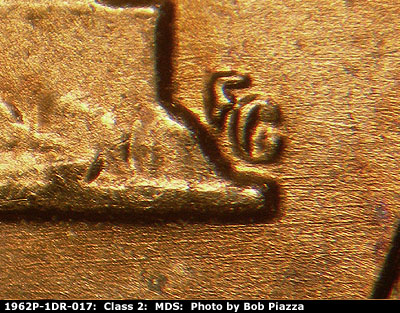 Die-stage B marker on 1962P•1DR•017 (1962 Doubled Die Reverse).