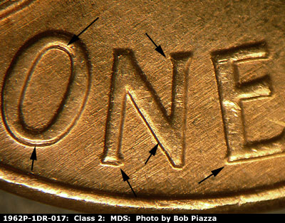 Die-stage B marker on 1962P•1DR•017 (1962 Doubled Die Reverse).
