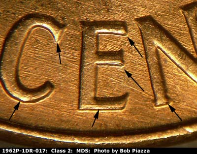 Die-stage B marker on 1962P•1DR•017 (1962 Doubled Die Reverse).