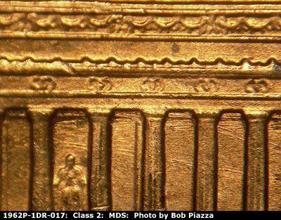 Die-stage B marker on 1962P•1DR•017 (1962 Doubled Die Reverse).