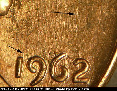 Die-stage B marker on 1962P•1DR•017 (1962 Doubled Die Reverse).