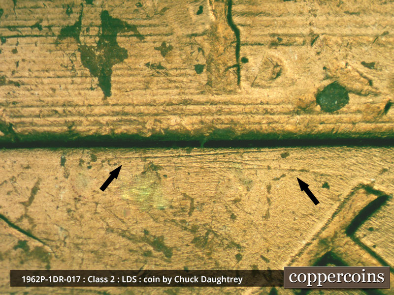 Die-stage C marker on 1962P•1DR•017 (1962 Doubled Die Reverse).