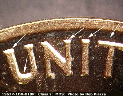 Die-stage B marker on 1962P•1DR•018P (1962 Doubled Die Reverse).