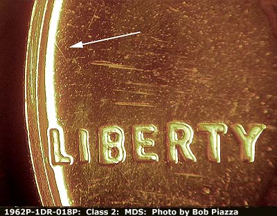 Die-stage B marker on 1962P•1DR•018P (1962 Doubled Die Reverse).