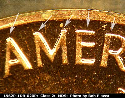Die-stage B marker on 1962P•1DR•020P (1962 Doubled Die Reverse).