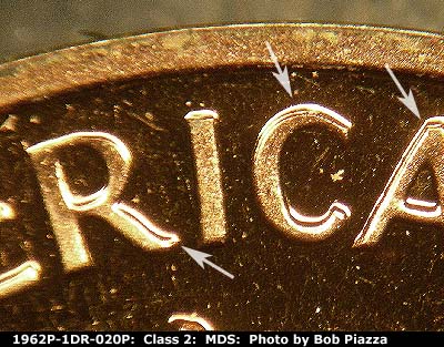 Die-stage B marker on 1962P•1DR•020P (1962 Doubled Die Reverse).