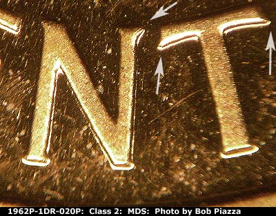 Die-stage B marker on 1962P•1DR•020P (1962 Doubled Die Reverse).