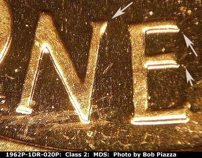 Die-stage B marker on 1962P•1DR•020P (1962 Doubled Die Reverse).