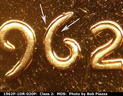 Die-stage B marker on 1962P•1DR•020P (1962 Doubled Die Reverse).