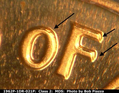 Die-stage B marker on 1962P•1DR•021P (1962 Doubled Die Reverse).