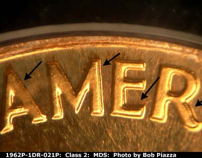 Die-stage B marker on 1962P•1DR•021P (1962 Doubled Die Reverse).