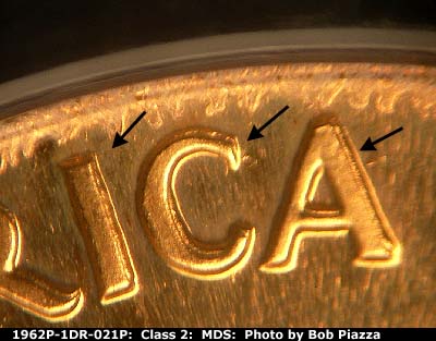Die-stage B marker on 1962P•1DR•021P (1962 Doubled Die Reverse).