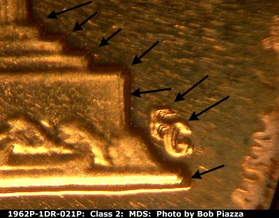 Die-stage B marker on 1962P•1DR•021P (1962 Doubled Die Reverse).