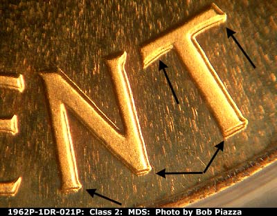 Die-stage B marker on 1962P•1DR•021P (1962 Doubled Die Reverse).