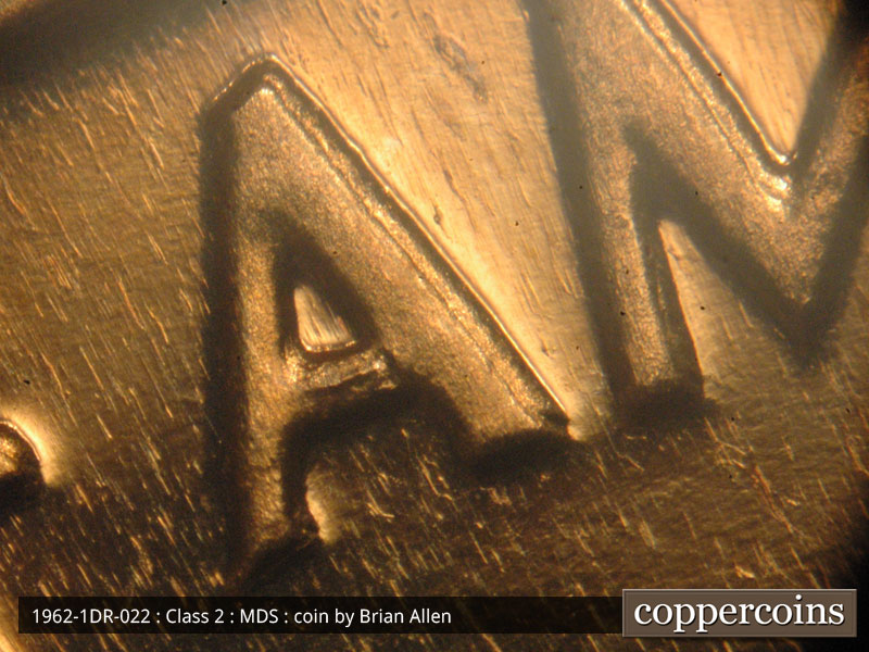 Die-stage B marker on 1962P•1DR•022P (1962 Doubled Die Reverse).