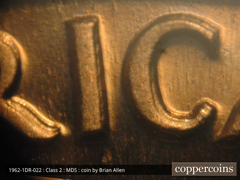 Die-stage B marker on 1962P•1DR•022P (1962 Doubled Die Reverse).