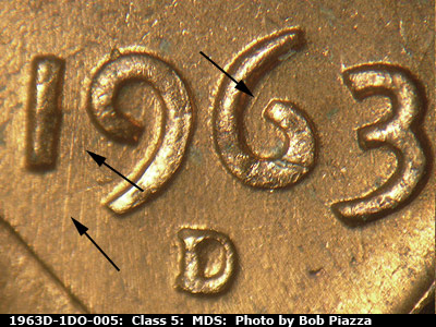 Die-stage B marker on 1963D•1DO•005 (1963 Doubled Die Obverse).