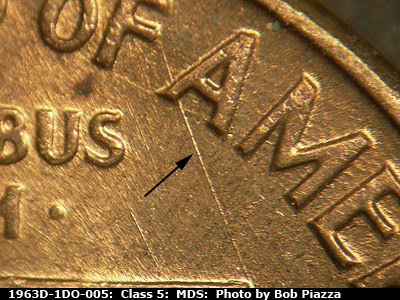 Die-stage B marker on 1963D•1DO•005 (1963 Doubled Die Obverse).