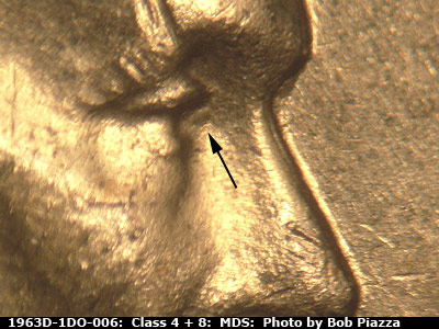 Die-stage B marker on 1963D•1DO•006 (1963 Doubled Die Obverse).