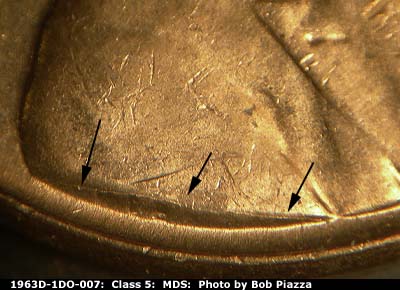 Die-stage B marker on 1963D•1DO•007 (1963 Doubled Die Obverse).