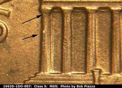 Die-stage B marker on 1963D•1DO•007 (1963 Doubled Die Obverse).