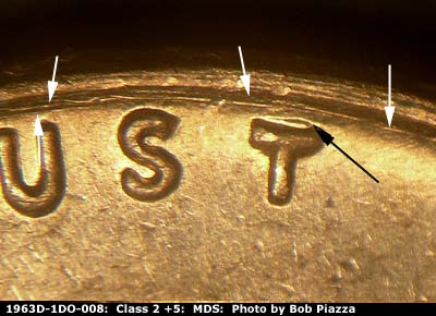 Die-stage B marker on 1963D•1DO•008 (1963 Doubled Die Obverse).